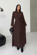 Belted Long Denim Dress 3035-78-(S-L-3) Brown