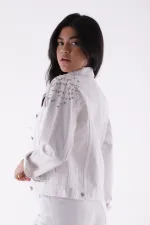 Classic Short Denim Jacket with Decorative Pieces on Shoulders 6076-50-(S-XL-6) White Classic Short Denim Jacket with Decorative Pieces on Shoulders 6076-50-(S-XL-6) White