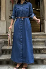 Düğmeli Uzun Elbise 3039-26-(S-XL) Düğmeli Uzun Elbise 3039-26-(S-XL)