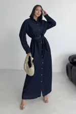 Buttoned Classic Long Denim Dress 3034-17-(S-XL) Slubbed Navy Blue