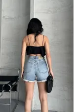 Ripped Denim Short with Fringe Ending 225-14-(36-42-6-2) Light Blue and Tinted Ripped Denim Short with Fringe Ending 225-14-(36-42-6-2) Light Blue and Tinted