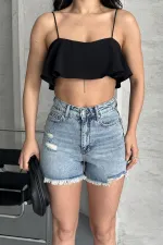 Ripped Denim Short with Fringe Ending 225-14-(36-42-6-2) Light Blue and Tinted Ripped Denim Short with Fringe Ending 225-14-(36-42-6-2) Light Blue and Tinted