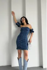 Kolları Lastikli Kısa Straplez Kot Elbise  3020-26-(S-L-5)