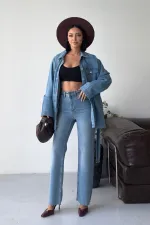 Belted Oversize Shirt 6250-15-(S-L-3) Light Blue Denim