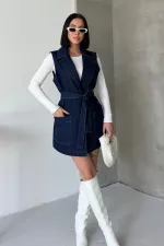 Belted and Cross Over Collar Denim Vest 6137-26-(S-XL) Regular Dark Blue