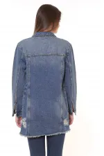 Fringe Finish Boyfriend Denim Jacket 679-62-(S-XL-6) Middle Blue - Tinted Fringe Finish Boyfriend Denim Jacket 679-62-(S-XL-6) Middle Blue - Tinted