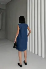 Sleeveless Oversize Denim Dress with Pocket 3043-26-(S-XL-6) Regular Dark Blue
