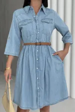 Büzgü Detaylı Kısa Kot Elbise 3040-15-(S-XL)