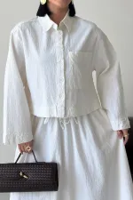 Short Shirt with Button HS628-51-(S-L-3) Cream White