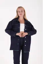 Denim Jacket Sewn with Green Thread 6021-17-(S-XL-6) Slubbed Navy Blue Denim Jacket Sewn with Green Thread 6021-17-(S-XL-6) Slubbed Navy Blue