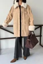 Kol ve Yakası Kürk Detaylı Orta Boy Kot Ceket 6168-70-(S+L+4)