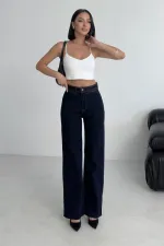 Wide Leg Palazzo Relaxed Jean with Decorative Front Pockets  1710-17-(30-36) Slubbed Navy Blue