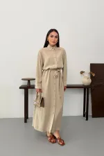 Buttoned Classic Long Denim Dress 3034-65-(S-XL) Stone