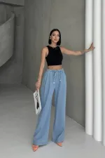 Elastic Waist Palazzo Jean 7076-25-(S-XL) Middle Blue