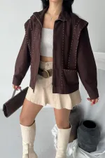 Denim Jacket with Stud Details 6253-78-(S-L-3) Brown