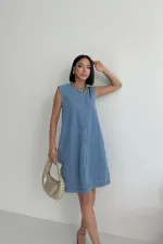 Sleeveless Oversize Denim Dress with Pocket 3043-25-(S-XL-6) Middle Blue
