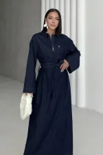 Kuşaklı Uzun Kot Elbise  3035-17-(S-XL)