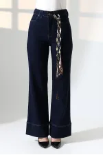 Palazzo Jeans with Hem Detail 7164-17-(27-32) Slubbed Navy Blue Palazzo Jeans with Hem Detail 7164-17-(27-32) Slubbed Navy Blue