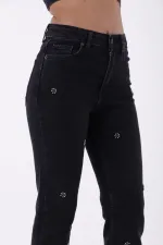 İncili Çiçek Desenli Mom Fit Kot Pantolon  7022-23-(28-33)