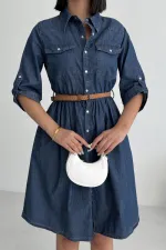 Büzgü Detaylı Kısa Kot Elbise 3040-26-(S-XL)