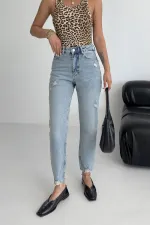 High Waisted Mom Fit Ankle Length Jean with Ripped Finish 884-14-(26-31) Light Blue and Tinted