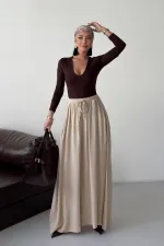 Elasticated Long Skirt HS131-65-(S-L-3) Stone