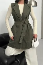 Belted and Cross Over Collar Denim Vest 6137-67-(S-XL) Khaki