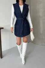 Belted and Cross Over Collar Denim Vest 6137-26-(S-XL) Regular Dark Blue