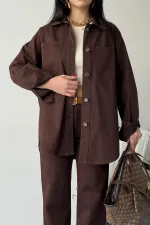 Oversize Denim Jacket with Buttons  6080-78-(S-L-3) Brown