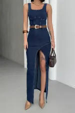 Asimetrik Detaylı Kot Elbise 3019-26-(S-XL)