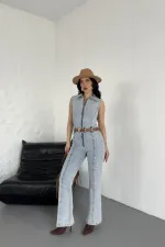 Kuplu Kolsuz Fermuarlı Kot Tulum 3013-08-(S-XL)