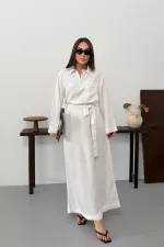 Belted Long Denim Dress 3035-51-(S-XL) Cream White