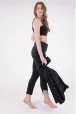 High Waisted Mom Jean with Rhinestones on Leg Hems Sides 1881-03-(26-31) Anthracite Denim High Waisted Mom Jean with Rhinestones on Leg Hems Sides 1881-03-(26-31) Anthracite Denim