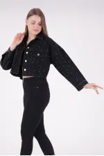Oversize Short Denim Jacket with Stars and Rhinestones 6005-23-(S-L-5) Regular Anthracite Oversize Short Denim Jacket with Stars and Rhinestones 6005-23-(S-L-5) Regular Anthracite