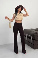 Stitched Hems Wide Leg Relaxed Jean  7026-78-(30-36) Brown