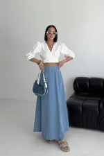 Ruffled Long Skirt with Elasticated Waist 1063-27-(36-44) Rinsed Blue