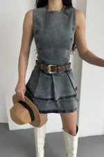 Pileli Kısa Elbise 3026-28-(XS-XL-5)
