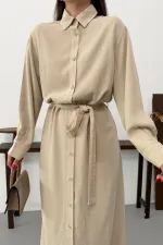 Buttoned Classic Long Denim Dress 3034-65-(S-XL) Stone