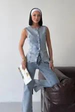 Denim Vest with Slit Front 6086-08-(S-XL) Snow Light Blue