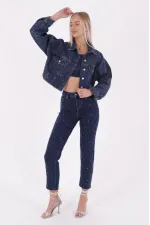 Oversize Short Denim Jacket with Stars and Rhinestones 6005-26-(S-L-5) Regular Dark Blue Oversize Short Denim Jacket with Stars and Rhinestones 6005-26-(S-L-5) Regular Dark Blue