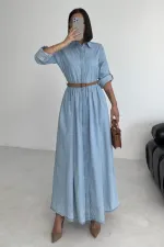 Büzgü Detaylı Uzun Kot Elbise  3048-42-(S-XL)