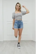 Ripped Denim Short with Fringe Ending 225-06-(S-XL-6) Middle Blue Denim Ripped Denim Short with Fringe Ending 225-06-(S-XL-6) Middle Blue Denim