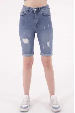 Denim Short with Double Folded Bottom Ending 296-06-(S-XL-6) Middle Blue Denim Denim Short with Double Folded Bottom Ending 296-06-(S-XL-6) Middle Blue Denim
