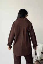 Oversize Denim Jacket with Buttons  6080-78-(S-L-3) Brown