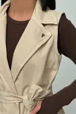 Belted and Cross Over Collar Denim Vest 6137-65-(S-XL) Stone