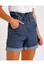 Elasticated Waist Denim Short with Five Buttons 218-62-(S-XL-6) Middle Blue - Tinted Elasticated Waist Denim Short with Five Buttons 218-62-(S-XL-6) Middle Blue - Tinted