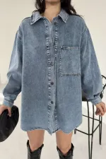 Oversize Denim Jacket with Buttons 6080-08-(S+L+3) Snow Light Blue