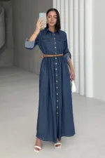 Düğmeli Uzun Kot Elbise 3041-26-(S-XL)