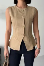 Denim Vest with Slit Front 6086-70-(S-XL) Camel