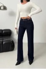 Stitched Hems Wide Leg Relaxed Jean  7026-17-(27-32) Slubbed Navy Blue